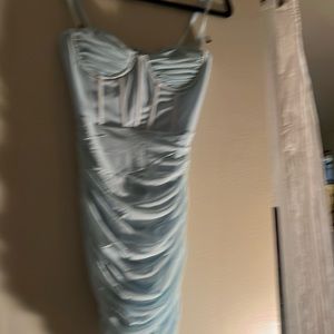 Spaghetti strap light blue dress corsetted bust